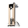 Wooden pilates exercise machine with metal components on a white background