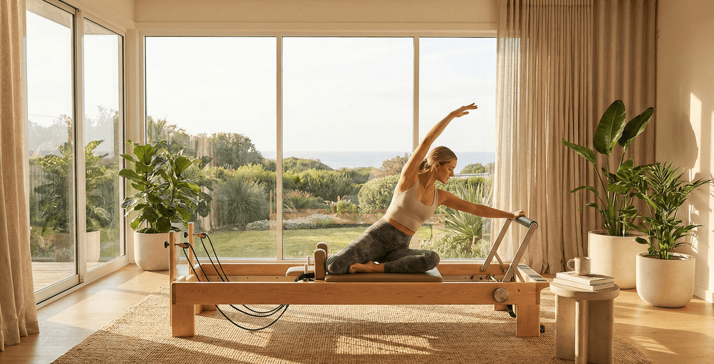 Woman using a pilates reformer at home